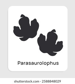 Black Parasaurolophus dinosaur footprints silhouette on a white square background with rounded corners. The name Parasaurolophus is written below. Vector illustration