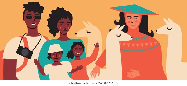 Black parents and children traveling, sharing
special moments like alpaca day in peru, flat vector stock illustration, Travelers immersing themselves in local traditions with BIPOС