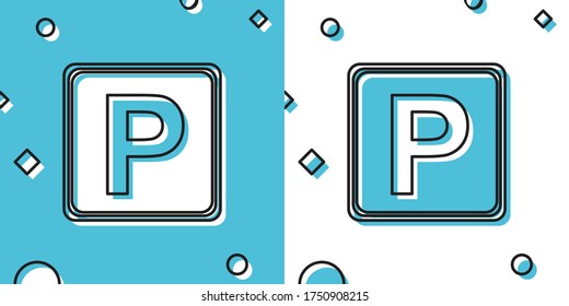 Black Parking sign icon isolated on blue and white background. Street road sign. Random dynamic shapes. Vector Illustration