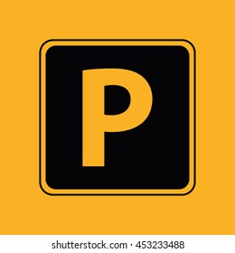 Black parking vector sign. Yellow background