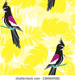 Black parrot pattern with tropical leaves. Tropical seamless background with parrot, tropical leaves and hibiscus flowers. Beautiful black Corella