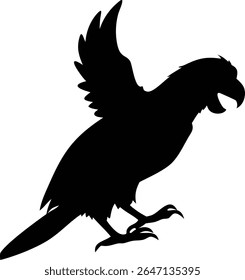 Black parrot silhouette with open wing design illustration for nature and tropical concepts