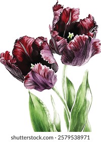 Black Parrot tulip. Watercolor botanic illustration vector isolated on white background
