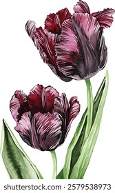 Black Parrot tulip. Watercolor botanic illustration vector isolated on white background
