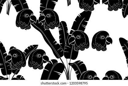 Black parrots and palms pattern. Vector illustration. Botanical seamless wallpaper. Digital nature art. Cartoon style sketch. White background.