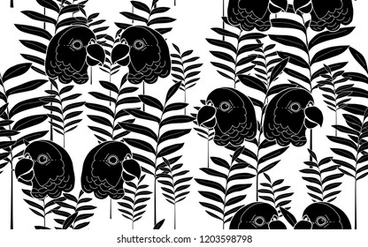 Black parrots and palms pattern. Vector illustration. Botanical seamless wallpaper. Digital nature art. Cartoon style sketch. White background.