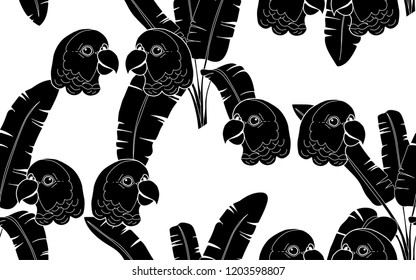 Black parrots and palms pattern. Vector illustration. Botanical seamless wallpaper. Digital nature art. Cartoon style sketch. White background.