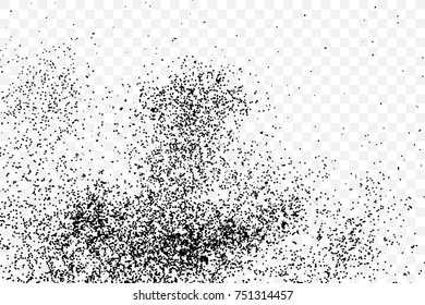 Black particles explosion isolated on transparent background. Abstract dust glitter overlay texture for holiday cards and flyers design. Dotted surface effect. Vector.