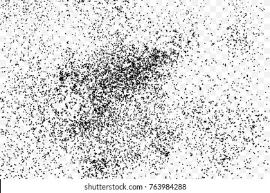 Black particles explosion isolated on transparent background. Abstract dust glitter overlay texture for holiday cards and flyers design. Dotted surface effect. Vector.