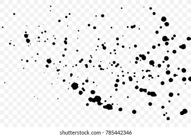 Black particles explosion isolated on transparent background. Abstract dust glitter overlay texture for holiday cards and flyers design. Dotted surface effect. Vector.