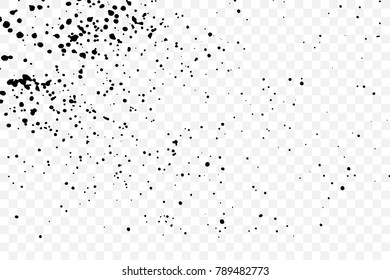 Black particles explosion isolated on transparent background. Abstract dust glitter overlay texture for holiday cards and flyers design. Dotted surface effect. Vector.