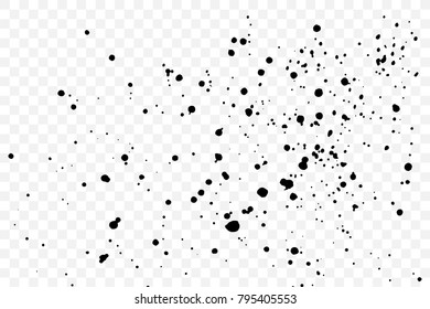 Black particles explosion isolated on transparent background. Abstract dust glitter overlay texture for holiday cards and flyers design. Dotted surface effect. Vector.