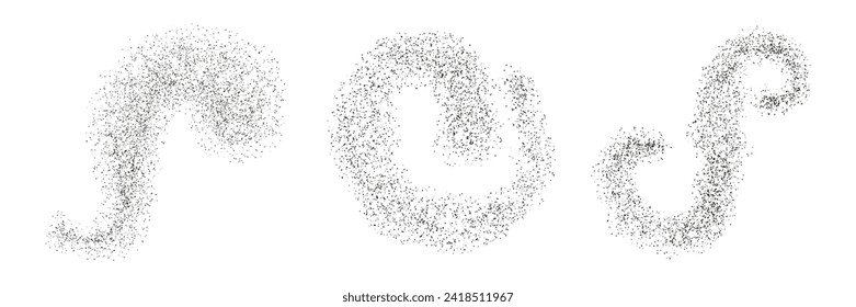 Black particles in spiral shapes isolated on white background. Crushed sand pieces. Flying powder on white. Falling black dust. Abstract explosion.