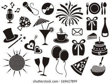 Black party and celebration icon vector silhouette collection