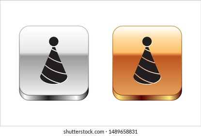 Black Party hat icon isolated on white background. Birthday hat. Silver-gold square button. Vector Illustration