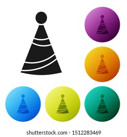 Black Party hat icon isolated on white background. Birthday hat. Set icons colorful circle buttons. Vector Illustration