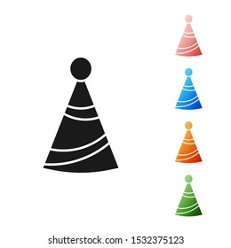 Black Party hat icon isolated on white background. Birthday hat. Set icons colorful. Vector Illustration
