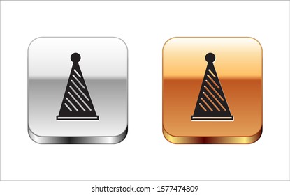 Black Party hat icon isolated on white background. Birthday hat. Silver-gold square button. Vector Illustration