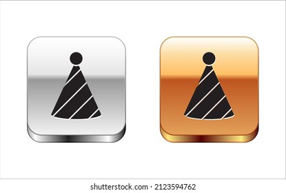 Black Party hat icon isolated on white background. Birthday hat. Silver and gold square buttons. Vector