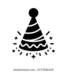 Black party hat with white stripes and festive confetti birthday celebration