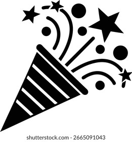 Black party popper exploding with stars and circular confetti elements
