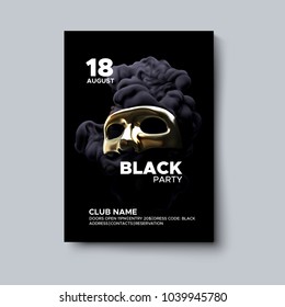 Black party poster design. Night party flyer. Black fluid splash with golden realistic mask. Vector illustration of abstract liquid swirling ink. Club invitation template. Modern cover design