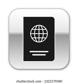 Black Passport with biometric data icon isolated on white background. Identification Document. Silver square button. Vector Illustration