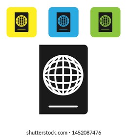Black Passport with biometric data icon isolated on white background. Identification Document. Set icons colorful square buttons. Vector Illustration