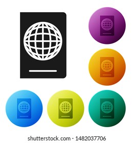 Black Passport with biometric data icon isolated on white background. Identification Document. Set icons colorful circle buttons. Vector Illustration