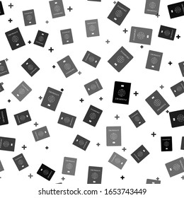 Black Passport with biometric data icon isolated seamless pattern on white background. Identification Document.  Vector Illustration