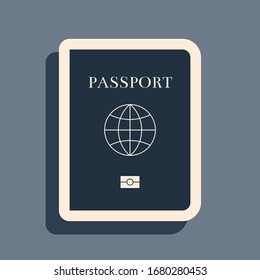 Black Passport with biometric data icon isolated on grey background. Identification Document. Long shadow style. Vector Illustration