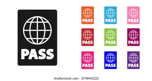 Black Passport with biometric data icon isolated on white background. Identification Document. Set icons colorful. Vector Illustration