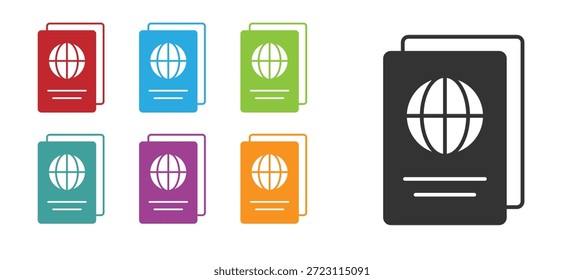 Passaporte preto com ícone de dados biométricos isolado no fundo branco. Documento de identificação. Defina os ícones com cores. Vetor