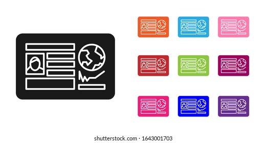 Black Passport with visa stamp icon isolated on white background. Identification Document. Set icons colorful. Vector Illustration