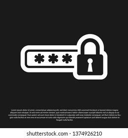 Black Password protection and safety access icon isolated on black background. Lock icon. Security, safety, protection, privacy concept. Vector Illustration