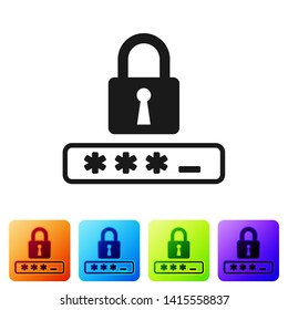 Black Password protection and safety access icon isolated on white background. Lock icon. Security, safety, protection, privacy concept. Set icon in color square buttons. Vector Illustration