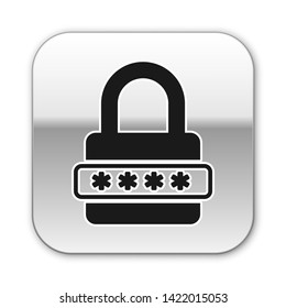Black Password protection and safety access icon isolated on white background. Lock icon. Security, safety, protection, privacy concept. Silver square button. Vector Illustration