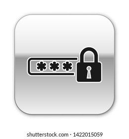 Black Password protection and safety access icon isolated on white background. Lock icon. Security, safety, protection, privacy concept. Silver square button. Vector Illustration