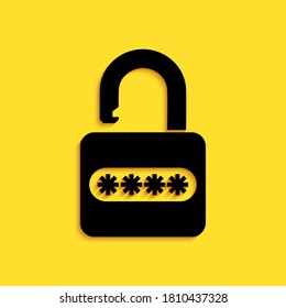 Black Password protection and safety access icon isolated on yellow background. Lock icon. Security, safety, protection, privacy concept. Long shadow style. Vector.