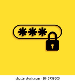 Black Password protection and safety access icon isolated on yellow background. Lock icon. Security, safety, protection, privacy concept. Long shadow style. Vector.