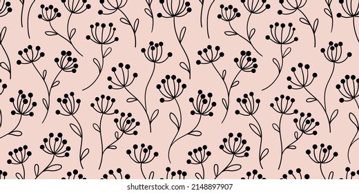 Black and pastel floral pattern, background with hand drawn vector flower doodles, endless repeating wallpaper