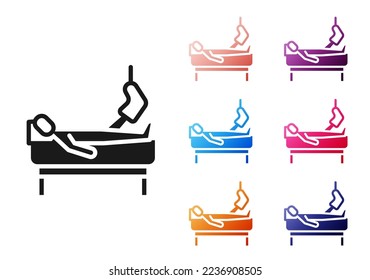 Black Patient with broken leg is in the hospital icon isolated on white background. Hospitalization of the patient. Sick man in bed. Set icons colorful. Vector