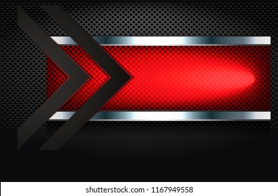 The black pattern background and black arrow over the red banner with metallic frame