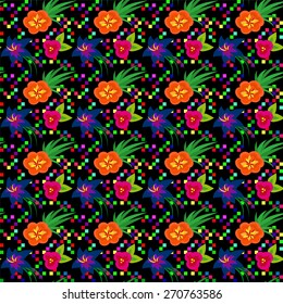 Black pattern with bright colorful flowers done with clipping mask. Vector pattern can be used for backgrounds, web design, surface textures and other crafts.