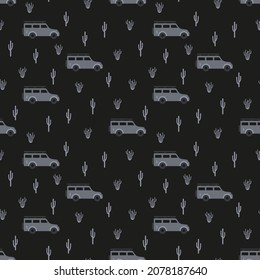 Black pattern with cars for boys. SUV drive in one direction across night desert. Seamless ornament for dark stain resistant baby fabrics. Flat illustration in themes of transport, travel, childhood.
