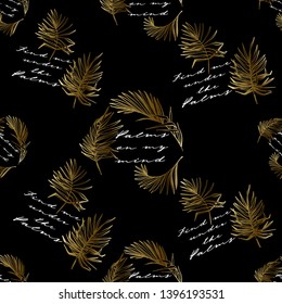 Black pattern with gold palm foliage. Exotic fashion illustration. Vector line drawn tropical leaves. Hand drawn golden contour sketch on black background. 