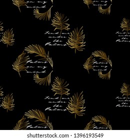 Black pattern with gold palm foliage. Exotic fashion illustration. Vector line drawn tropical leaves. Hand drawn golden contour sketch on black background. 