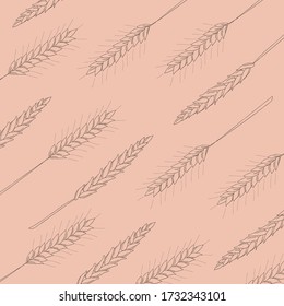 Black pattern with hand drawn outline wheat, cereals, grains. Gluten food ingredient engraving retro vintage style.