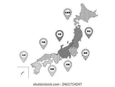 Black pattern Japan map. Vector illustration. Maps and icons divided by region. In Japanese, these are the regional names of Hokkaido, Tohoku, Chubu, Kanto, Chugoku, Kinki, Shikoku, and Kyushu.
