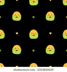 Black pattern with kawaii corn and heart. Squishmallow. Corn. Kawaii, Vector. Isolated vector illustration eps 10